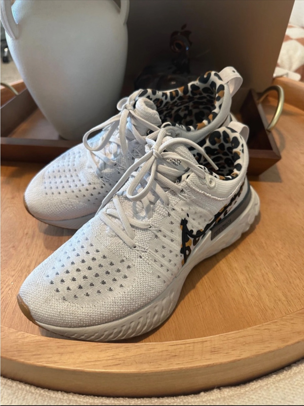 Nike White Knit Running Shoes with Leopard Inner Lining